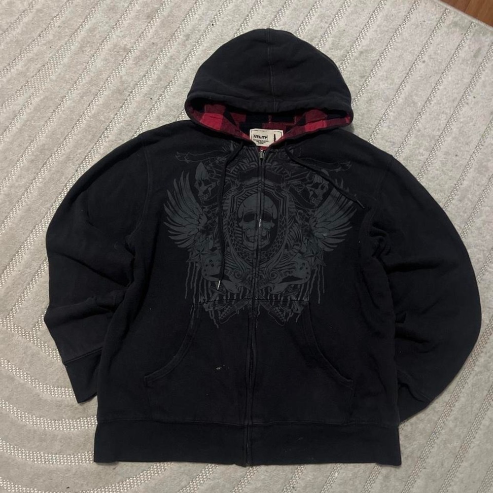 Utility black grunge skull zip up hoodie Size L punk skater streetwear